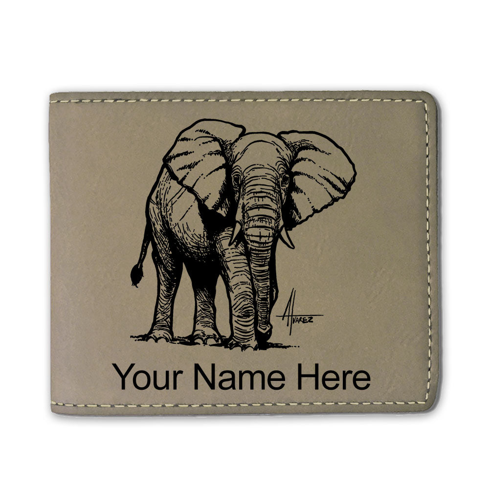 Faux Leather Bi-Fold Wallet, African Elephant, Personalized Engraving Included