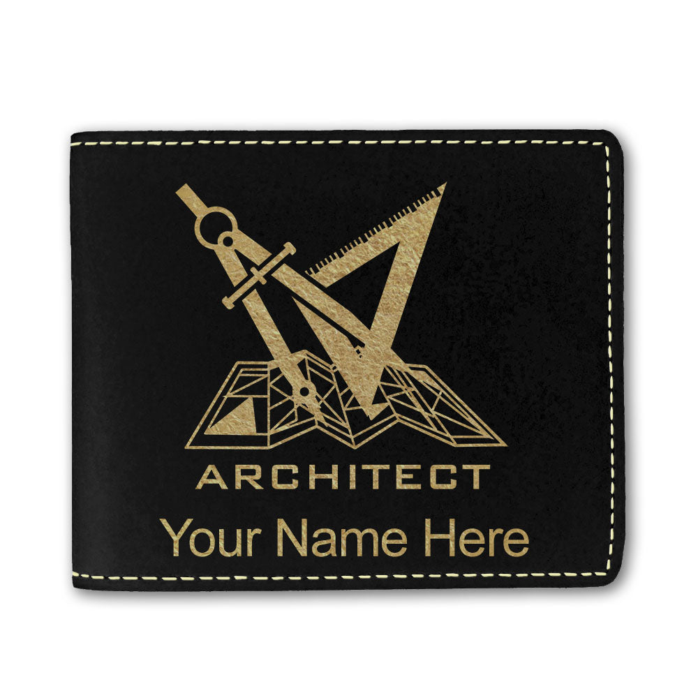 Faux Leather Bi-Fold Wallet, Architect Symbol, Personalized Engraving Included