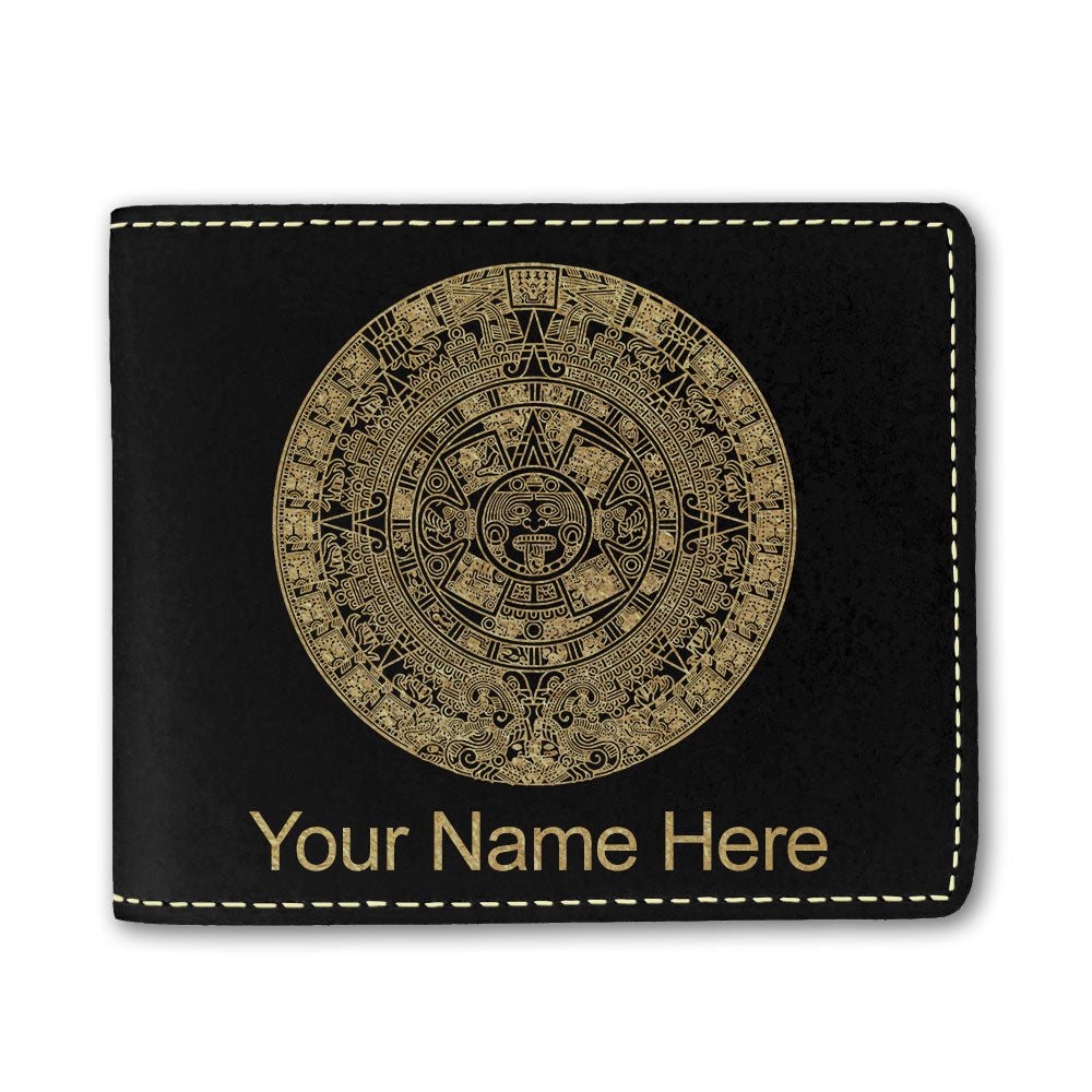 Faux Leather Bi-Fold Wallet, Aztec Calendar, Personalized Engraving Included