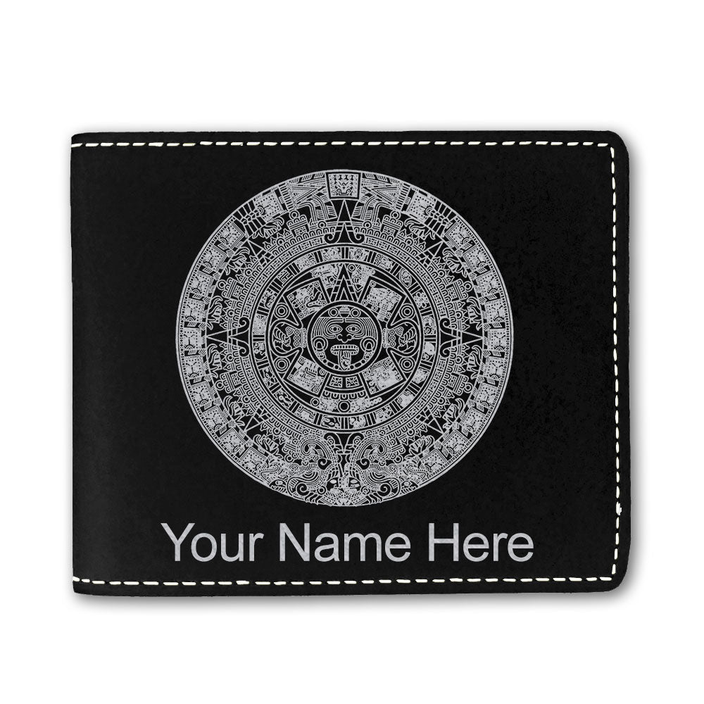 Faux Leather Bi-Fold Wallet, Aztec Calendar, Personalized Engraving Included