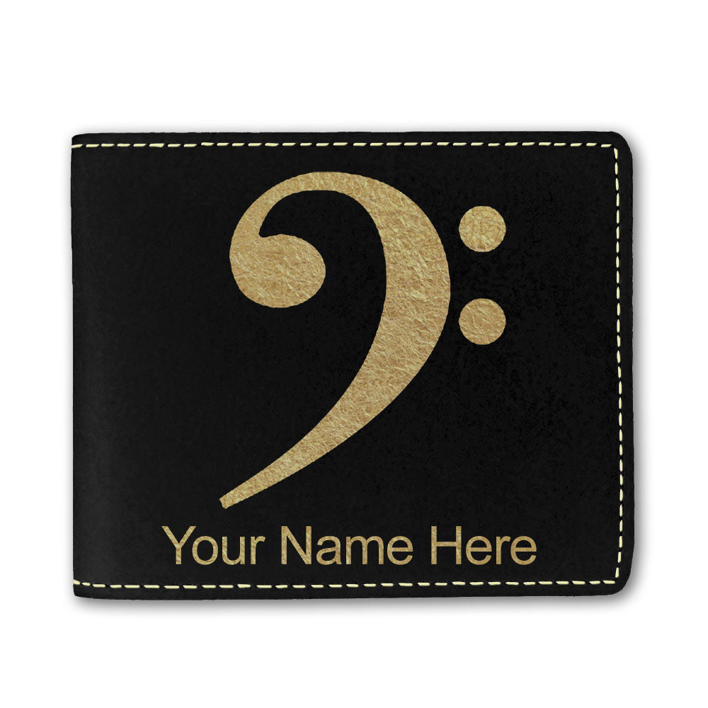 Faux Leather Bi-Fold Wallet, Bass Clef, Personalized Engraving Included