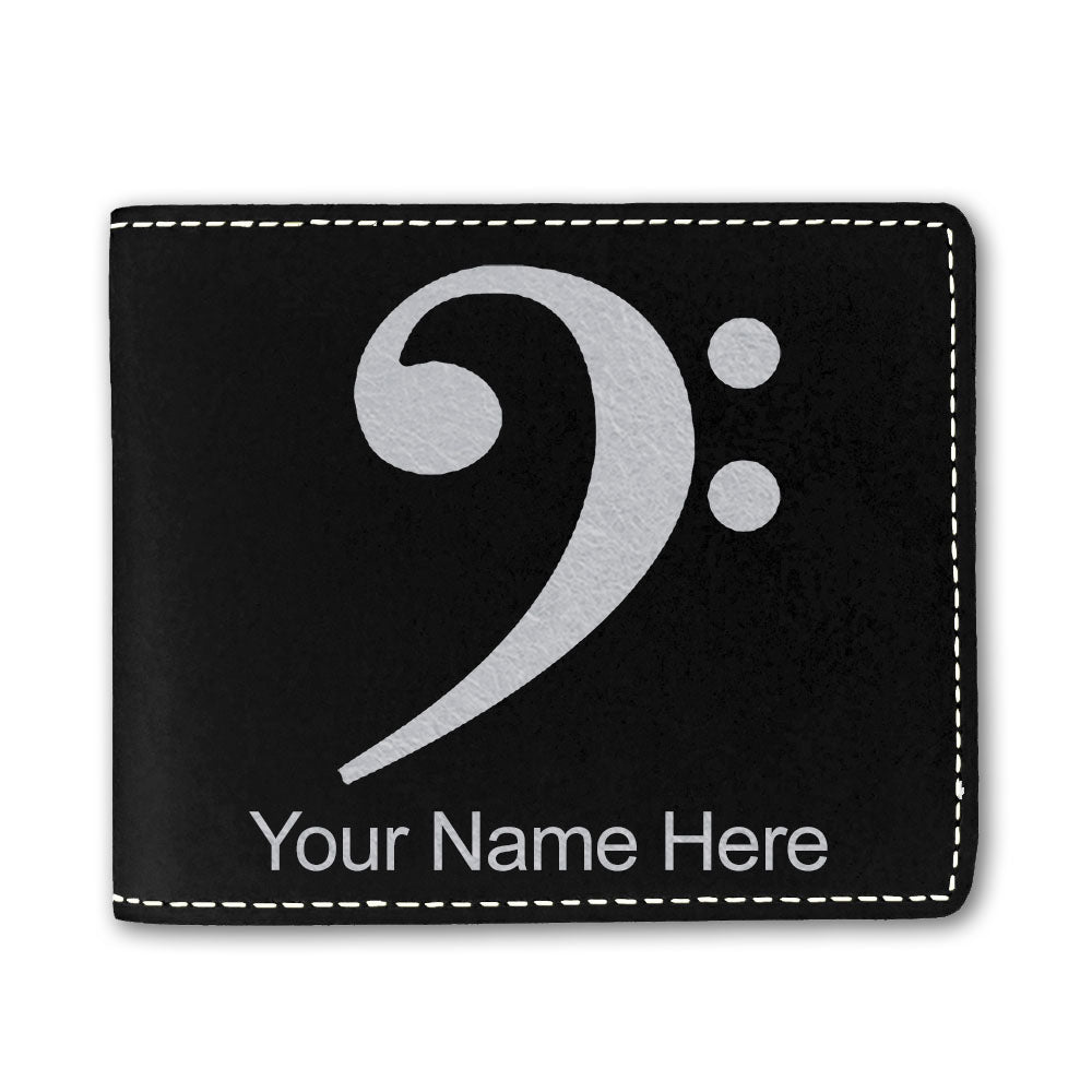 Faux Leather Bi-Fold Wallet, Bass Clef, Personalized Engraving Included