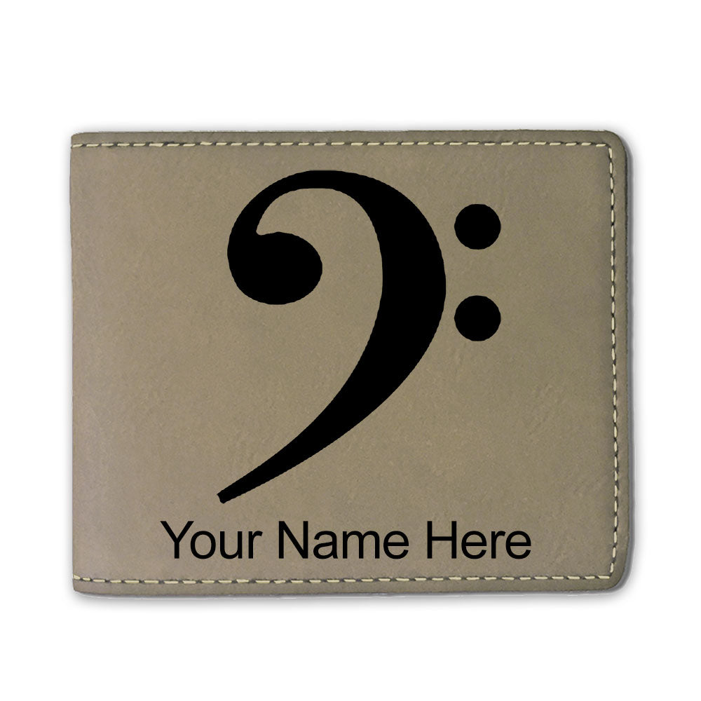 Faux Leather Bi-Fold Wallet, Bass Clef, Personalized Engraving Included