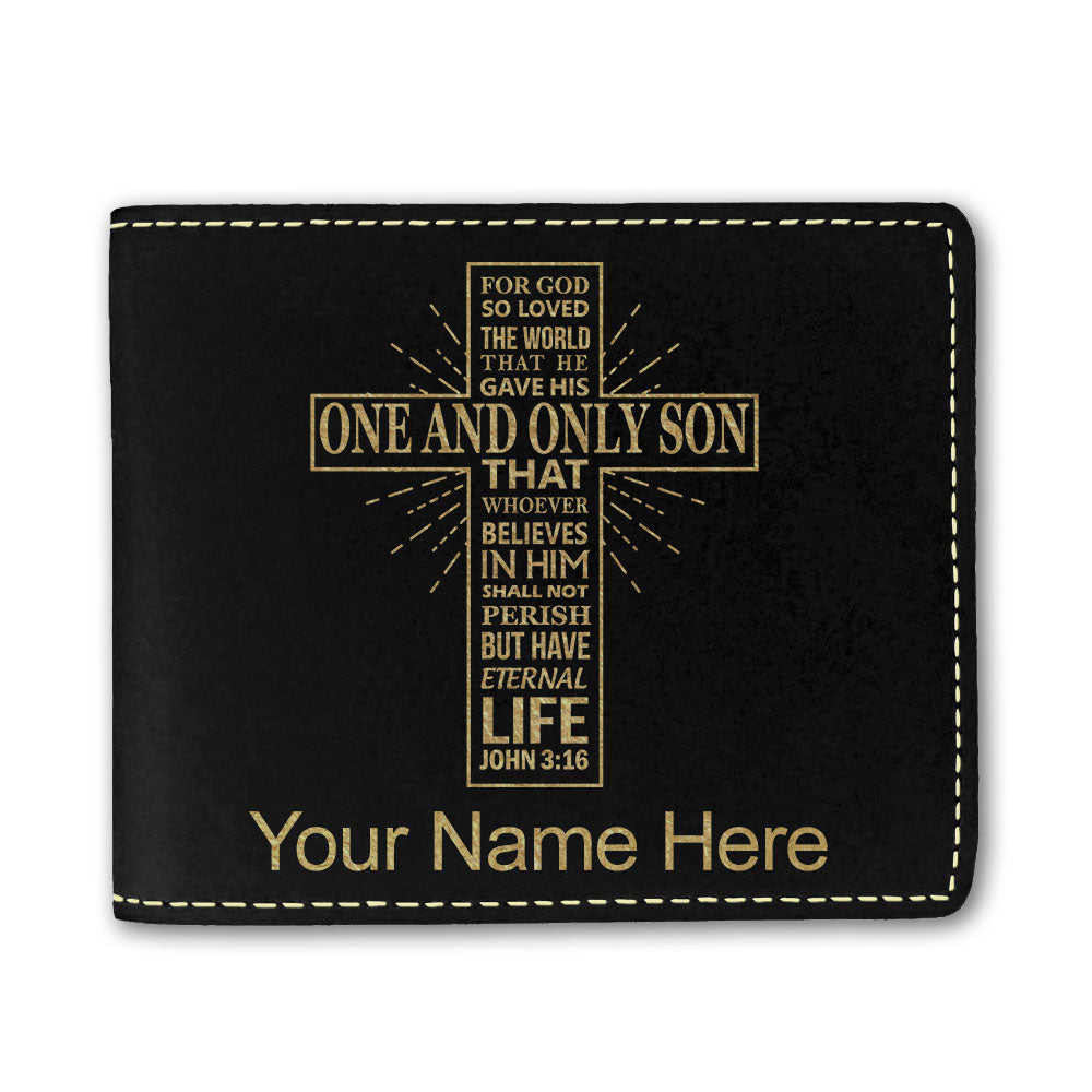 Faux Leather Bi-Fold Wallet, Bible Verse John 3-16, Personalized Engraving Included