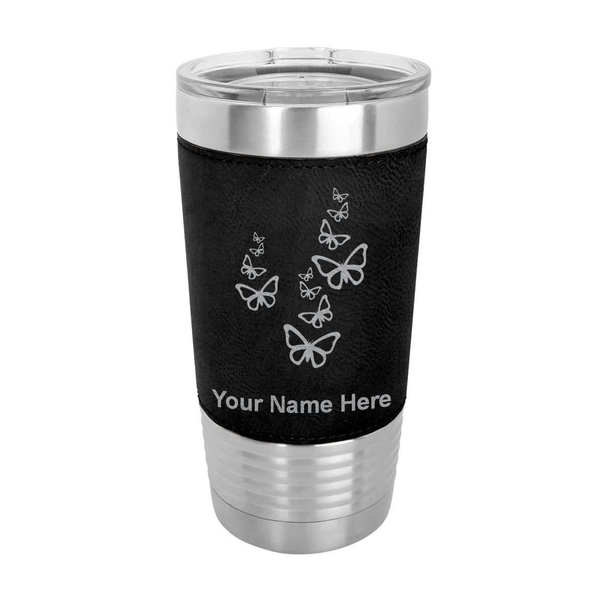 20oz Faux Leather Tumbler Mug, Butterflies, Personalized Engraving Included - LaserGram Custom Engraved Gifts