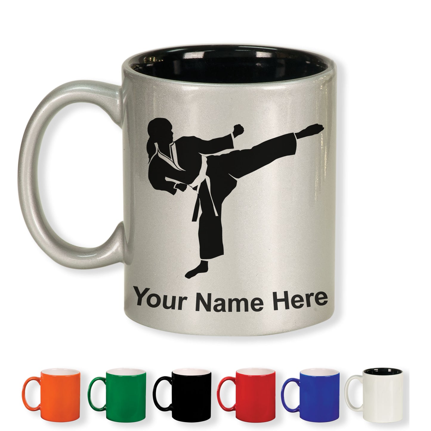 11oz Round Ceramic Coffee Mug, Karate Woman, Personalized Engraving Included