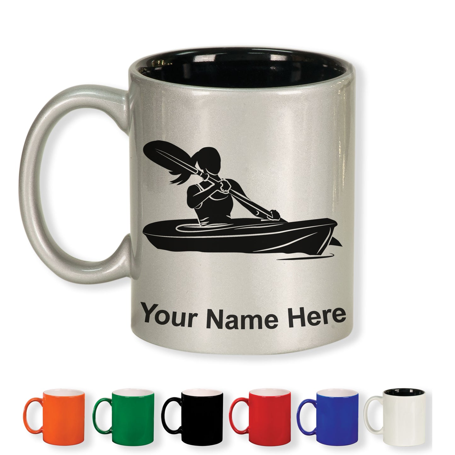 11oz Round Ceramic Coffee Mug, Kayak Woman, Personalized Engraving Included