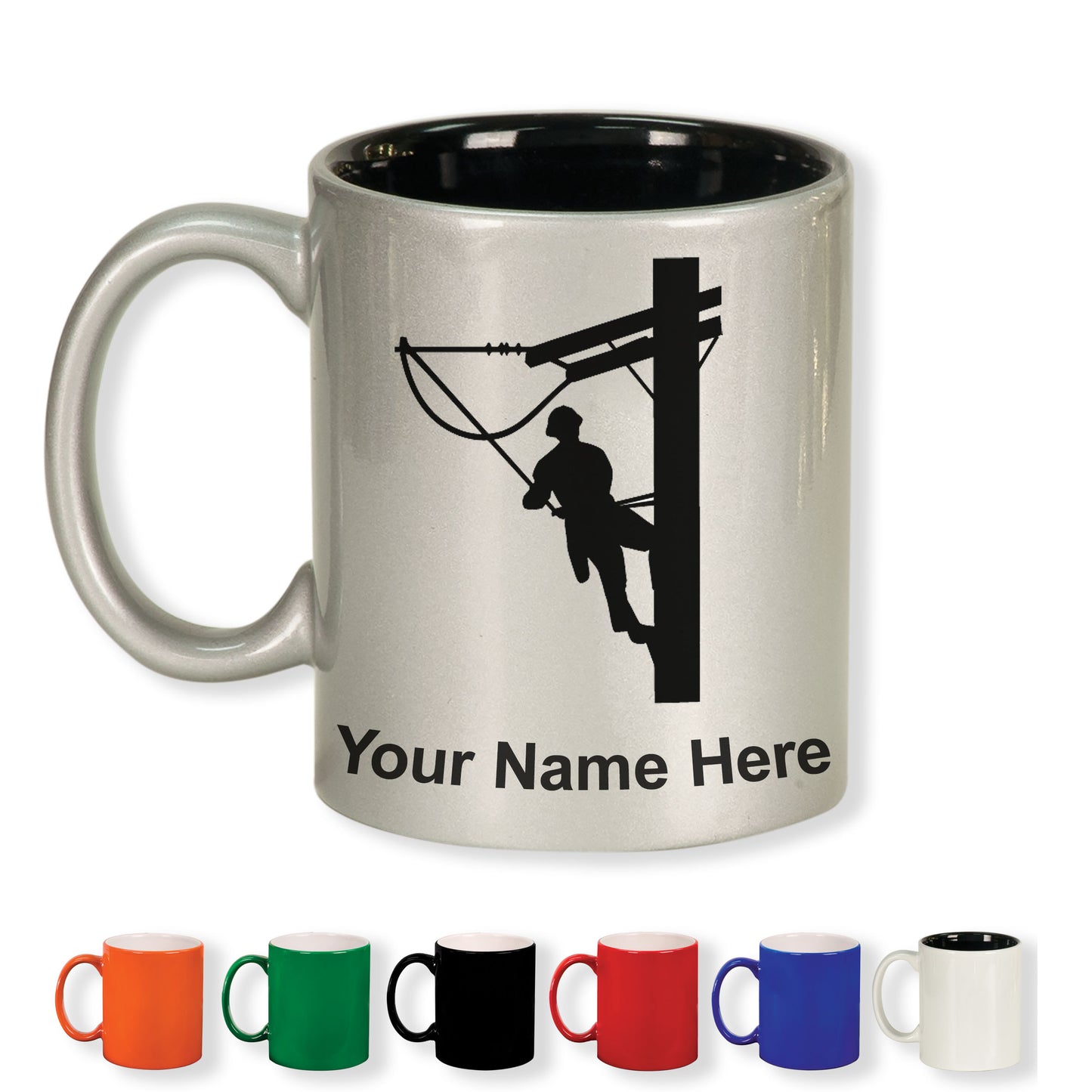 11oz Round Ceramic Coffee Mug, Lineman, Personalized Engraving Included