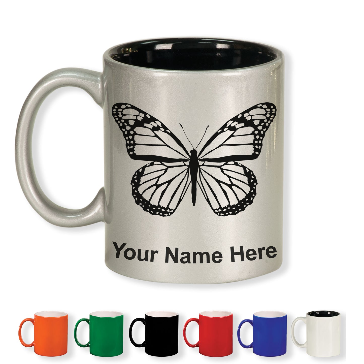 11oz Round Ceramic Coffee Mug, Monarch Butterfly, Personalized Engraving Included