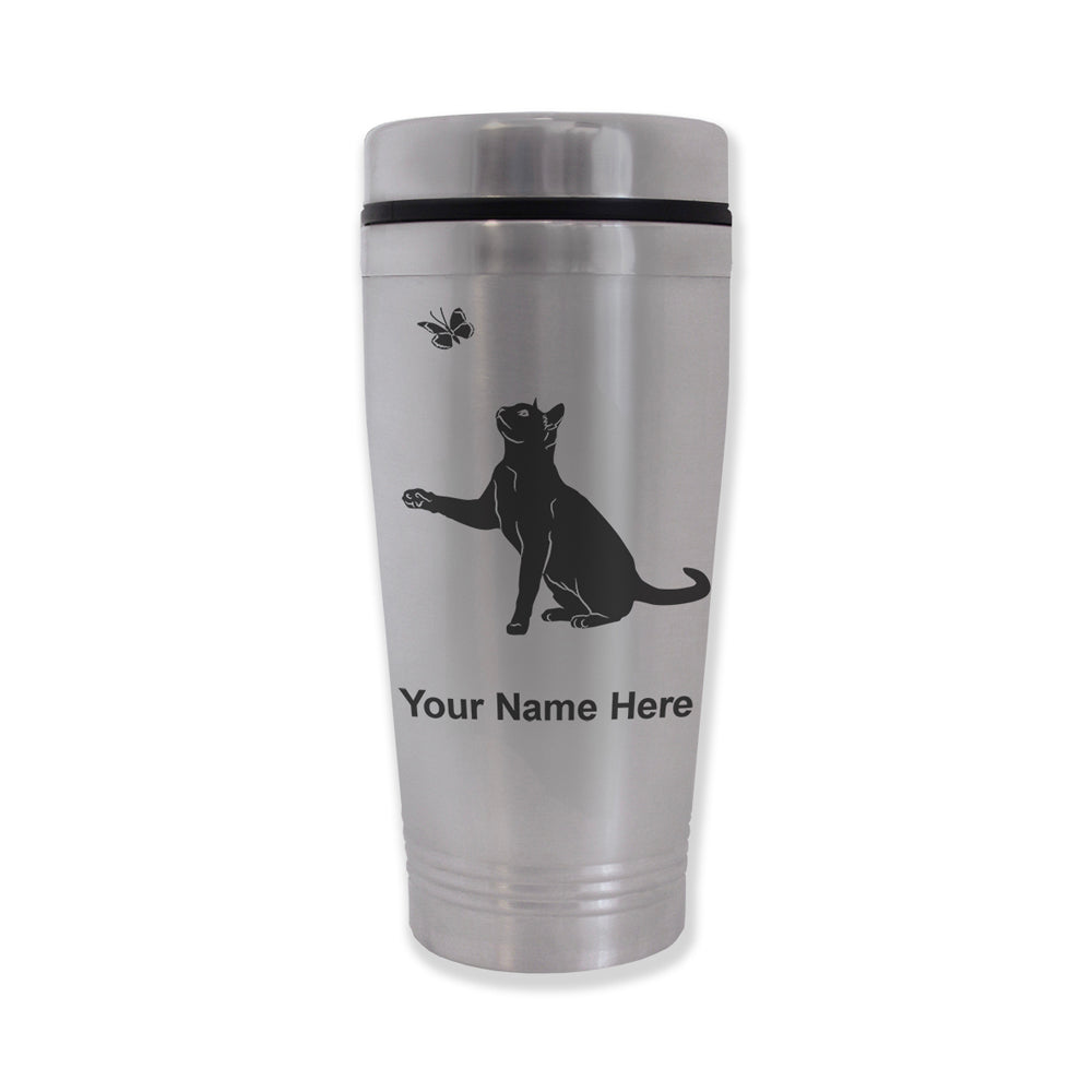 Commuter Travel Mug, Cat with Butterfly, Personalized Engraving Included