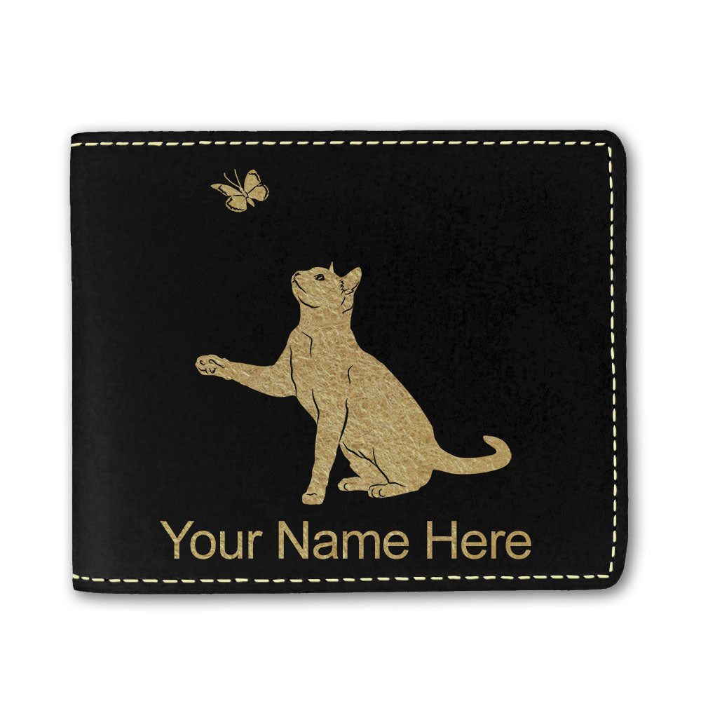 Faux Leather Bi-Fold Wallet, Cat with Butterfly, Personalized Engraving Included