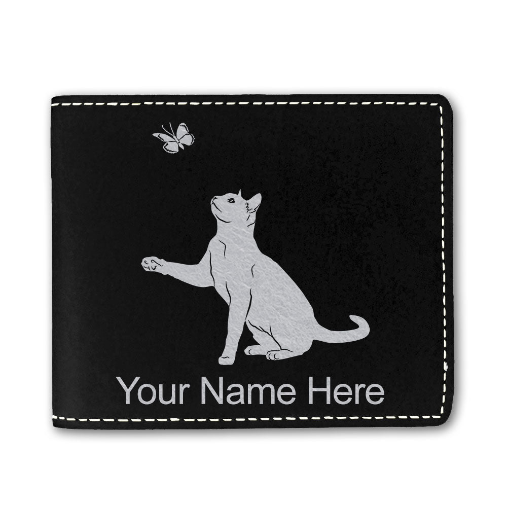 Faux Leather Bi-Fold Wallet, Cat with Butterfly, Personalized Engraving Included