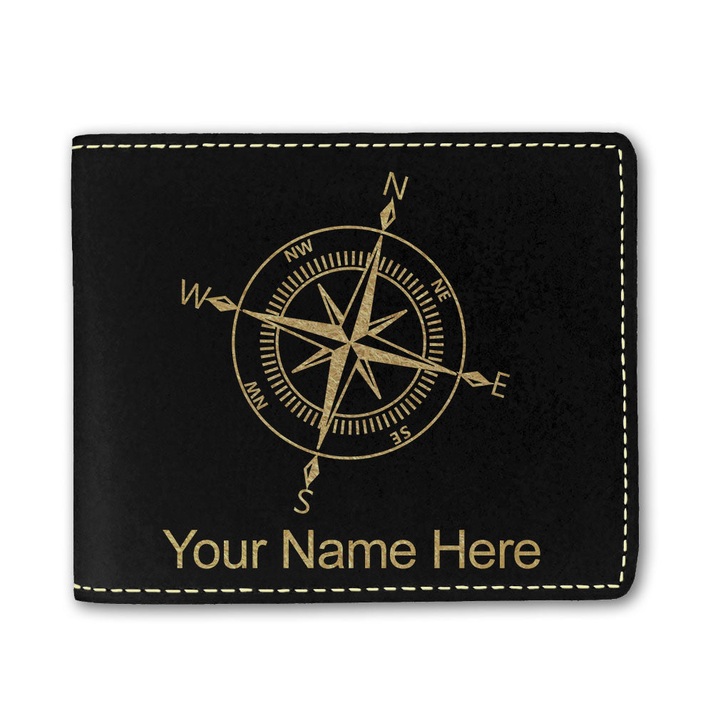 Faux Leather Bi-Fold Wallet, Compass Rose, Personalized Engraving Included