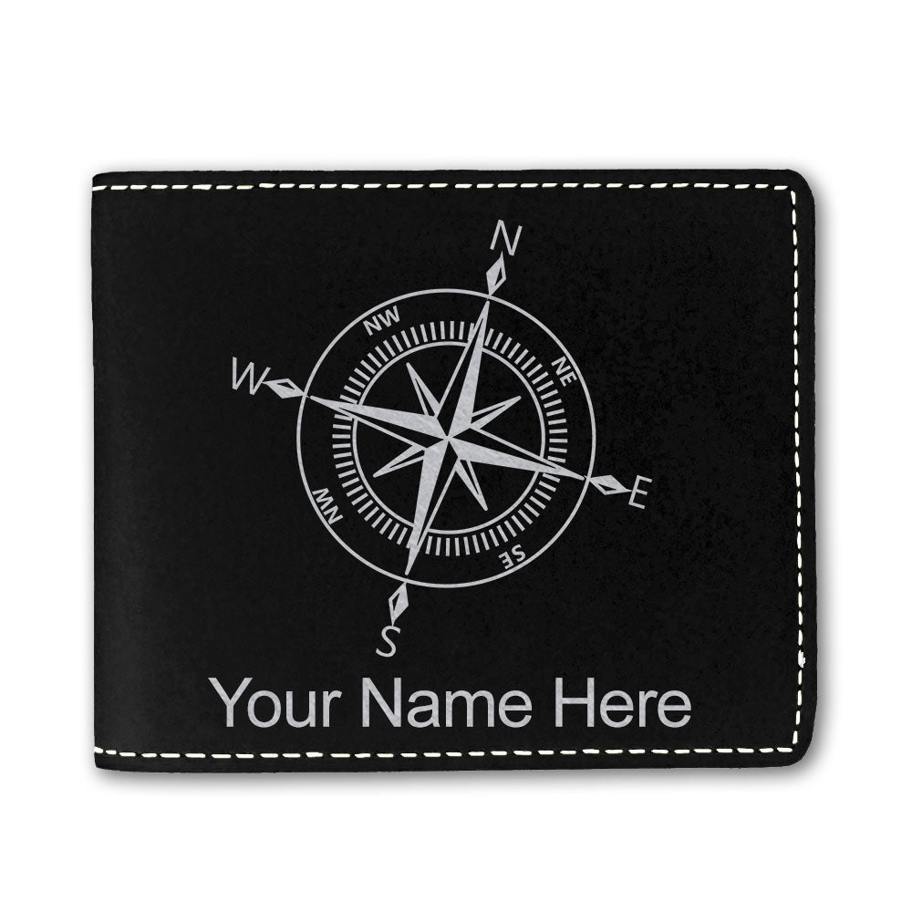 Faux Leather Bi-Fold Wallet, Compass Rose, Personalized Engraving Included