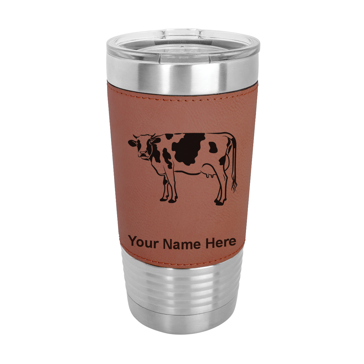 20oz Faux Leather Tumbler Mug, Cow, Personalized Engraving Included - LaserGram Custom Engraved Gifts