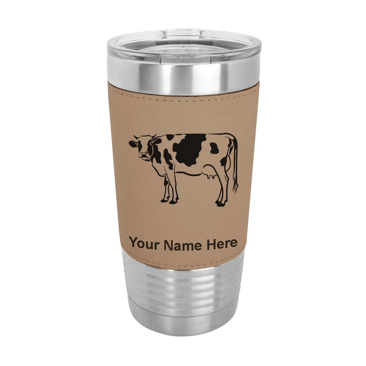 20oz Faux Leather Tumbler Mug, Cow, Personalized Engraving Included - LaserGram Custom Engraved Gifts