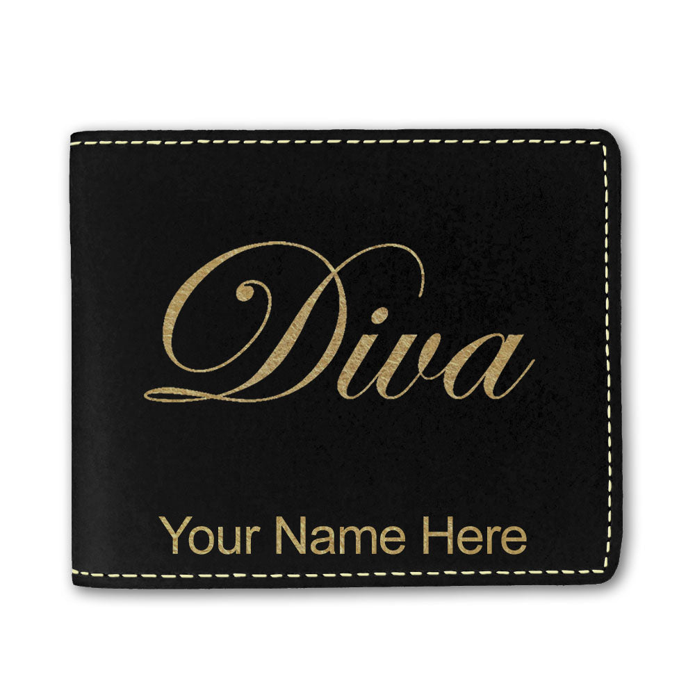 Faux Leather Bi-Fold Wallet, Diva, Personalized Engraving Included