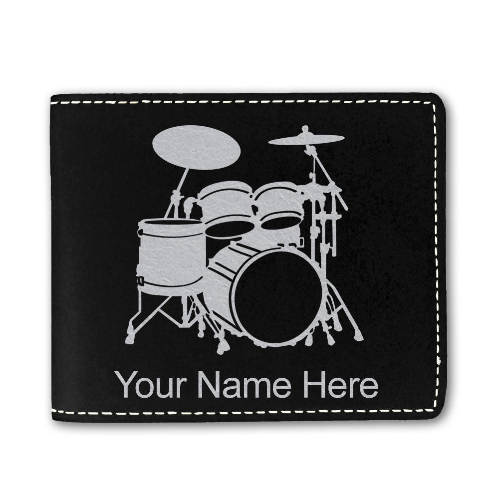 Faux Leather Bi-Fold Wallet, Drum Set, Personalized Engraving Included