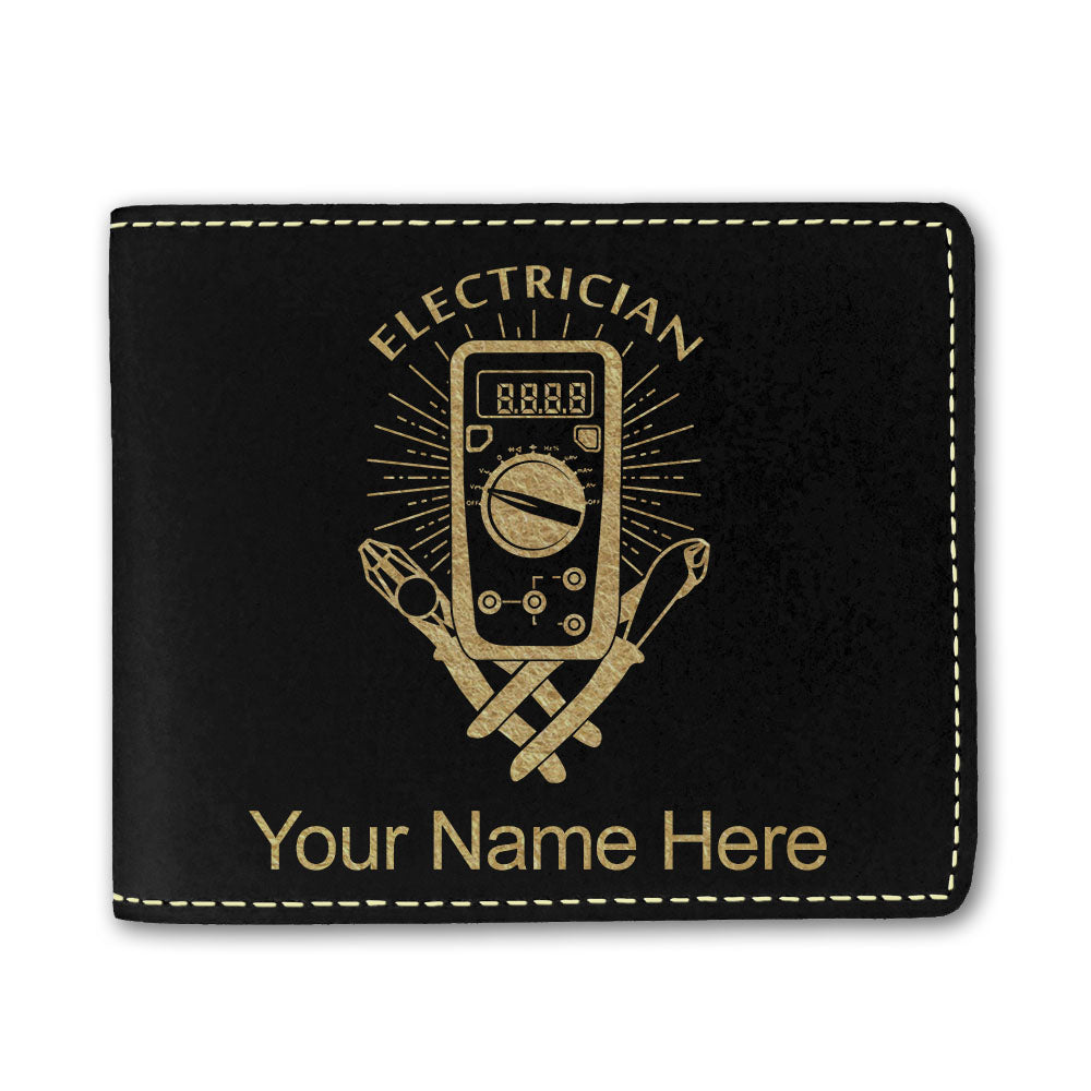 Faux Leather Bi-Fold Wallet, Electrician, Personalized Engraving Included