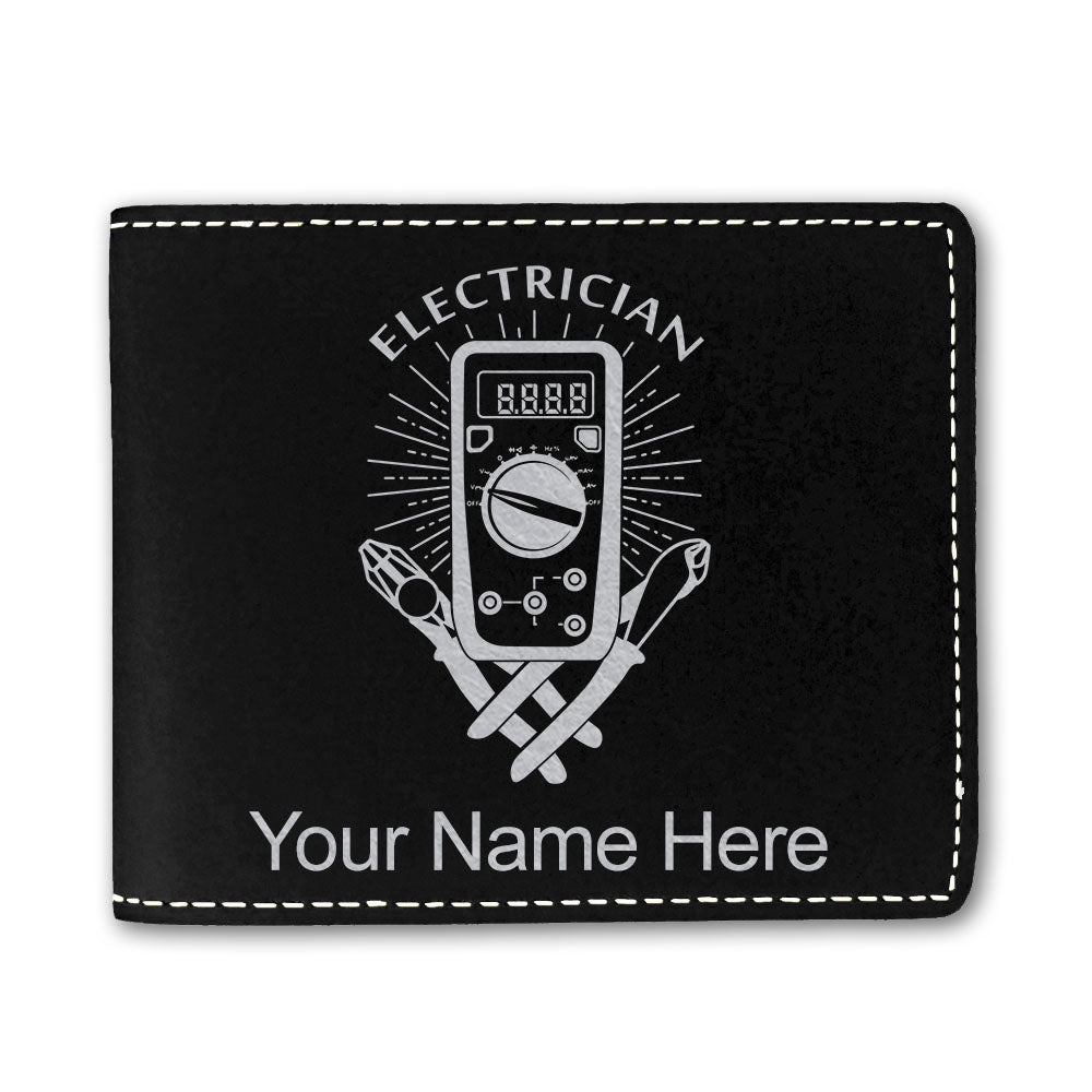 Faux Leather Bi-Fold Wallet, Electrician, Personalized Engraving Included