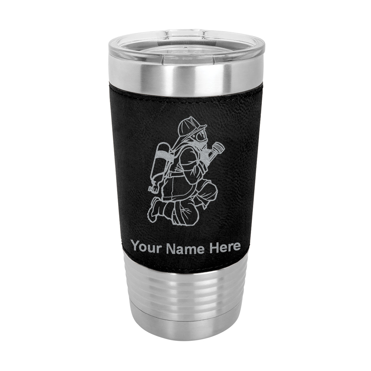 20oz Faux Leather Tumbler Mug, Fireman with Hose, Personalized Engraving Included - LaserGram Custom Engraved Gifts