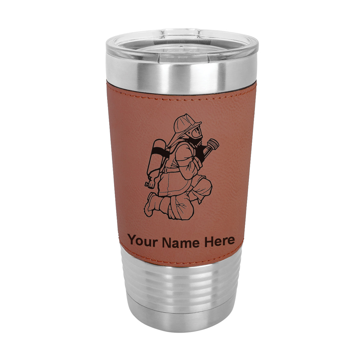 20oz Faux Leather Tumbler Mug, Fireman with Hose, Personalized Engraving Included - LaserGram Custom Engraved Gifts