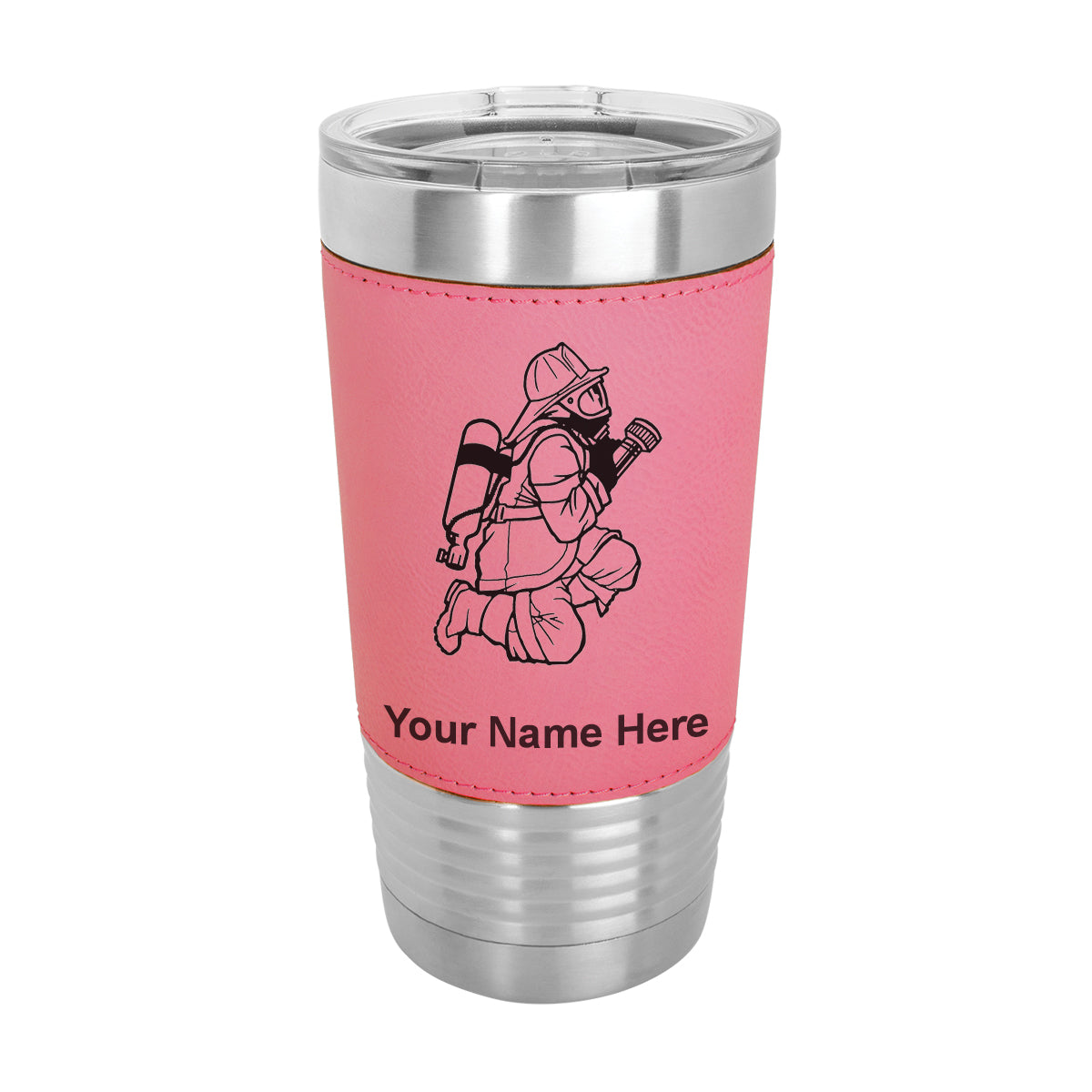 20oz Faux Leather Tumbler Mug, Fireman with Hose, Personalized Engraving Included - LaserGram Custom Engraved Gifts