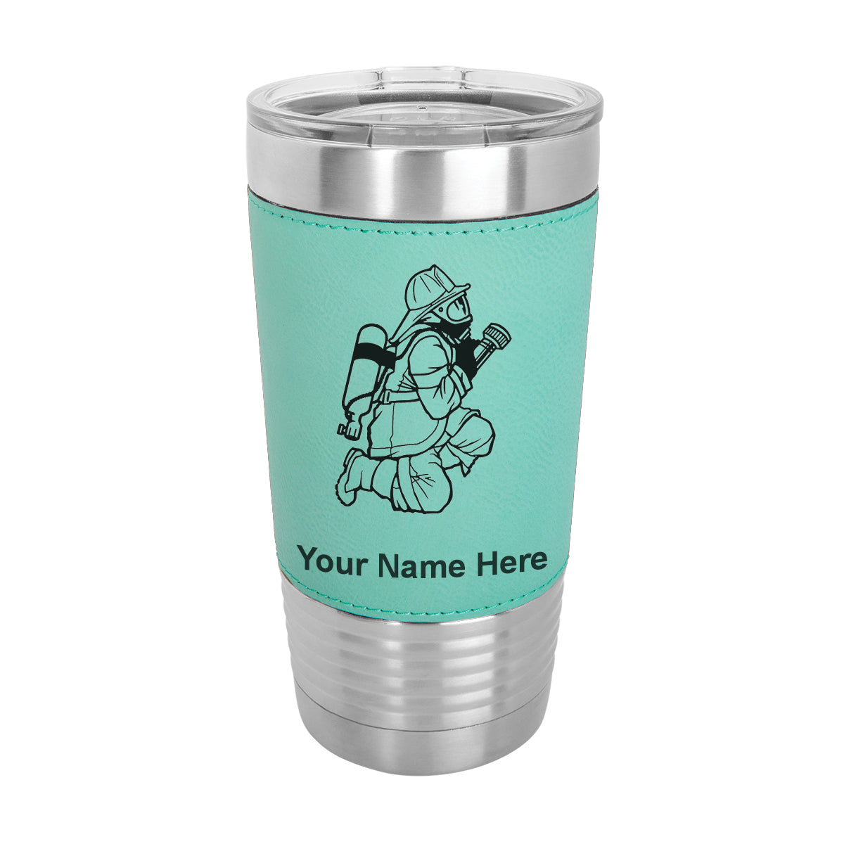 20oz Faux Leather Tumbler Mug, Fireman with Hose, Personalized Engraving Included - LaserGram Custom Engraved Gifts