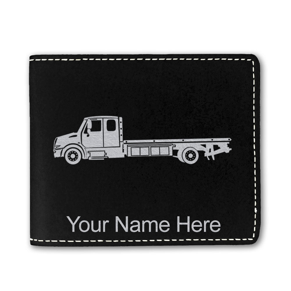 Faux Leather Bi-Fold Wallet, Flat Bed Tow Truck, Personalized Engraving Included