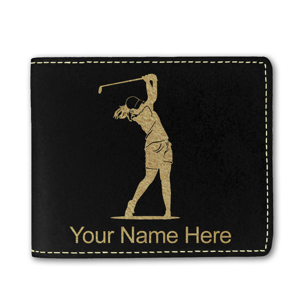 Faux Leather Bi-Fold Wallet, Golfer Woman, Personalized Engraving Included