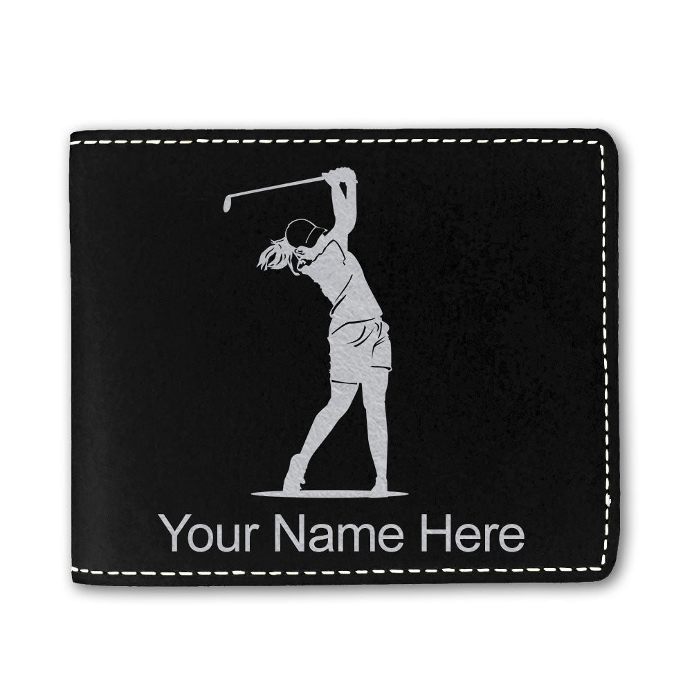Faux Leather Bi-Fold Wallet, Golfer Woman, Personalized Engraving Included