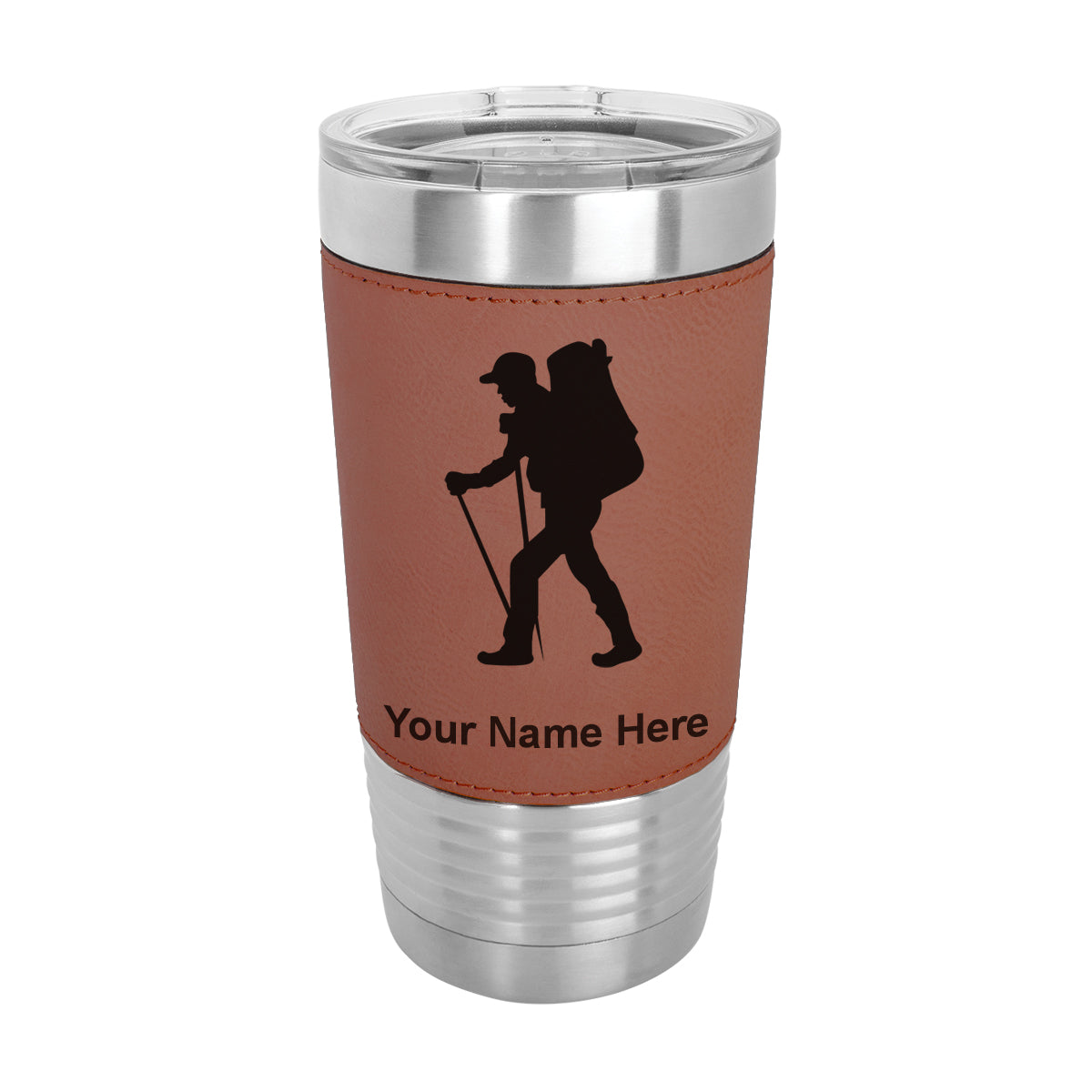 20oz Faux Leather Tumbler Mug, Hiker Man, Personalized Engraving Included - LaserGram Custom Engraved Gifts
