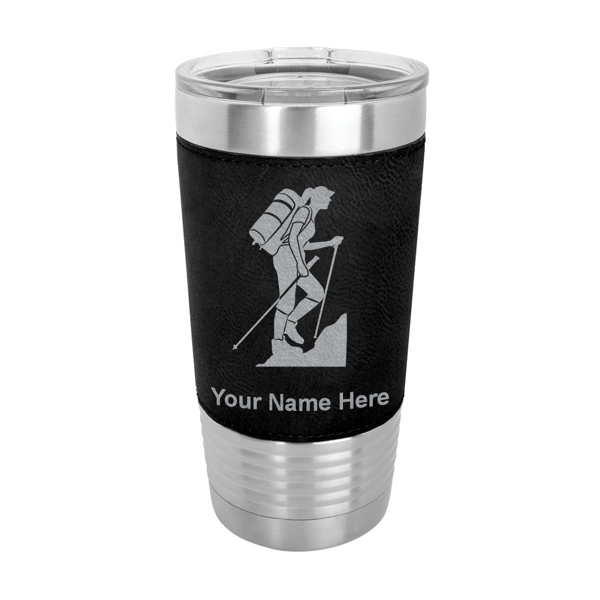 20oz Faux Leather Tumbler Mug, Hiker Woman, Personalized Engraving Included - LaserGram Custom Engraved Gifts
