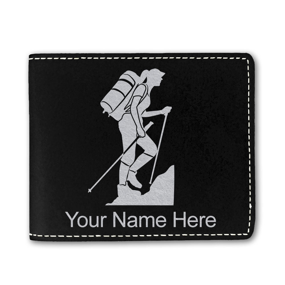 Faux Leather Bi-Fold Wallet, Hiker Woman, Personalized Engraving Included