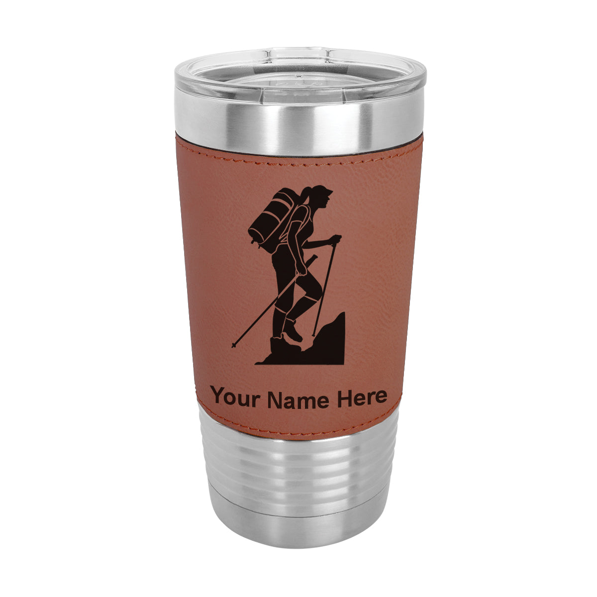 20oz Faux Leather Tumbler Mug, Hiker Woman, Personalized Engraving Included - LaserGram Custom Engraved Gifts