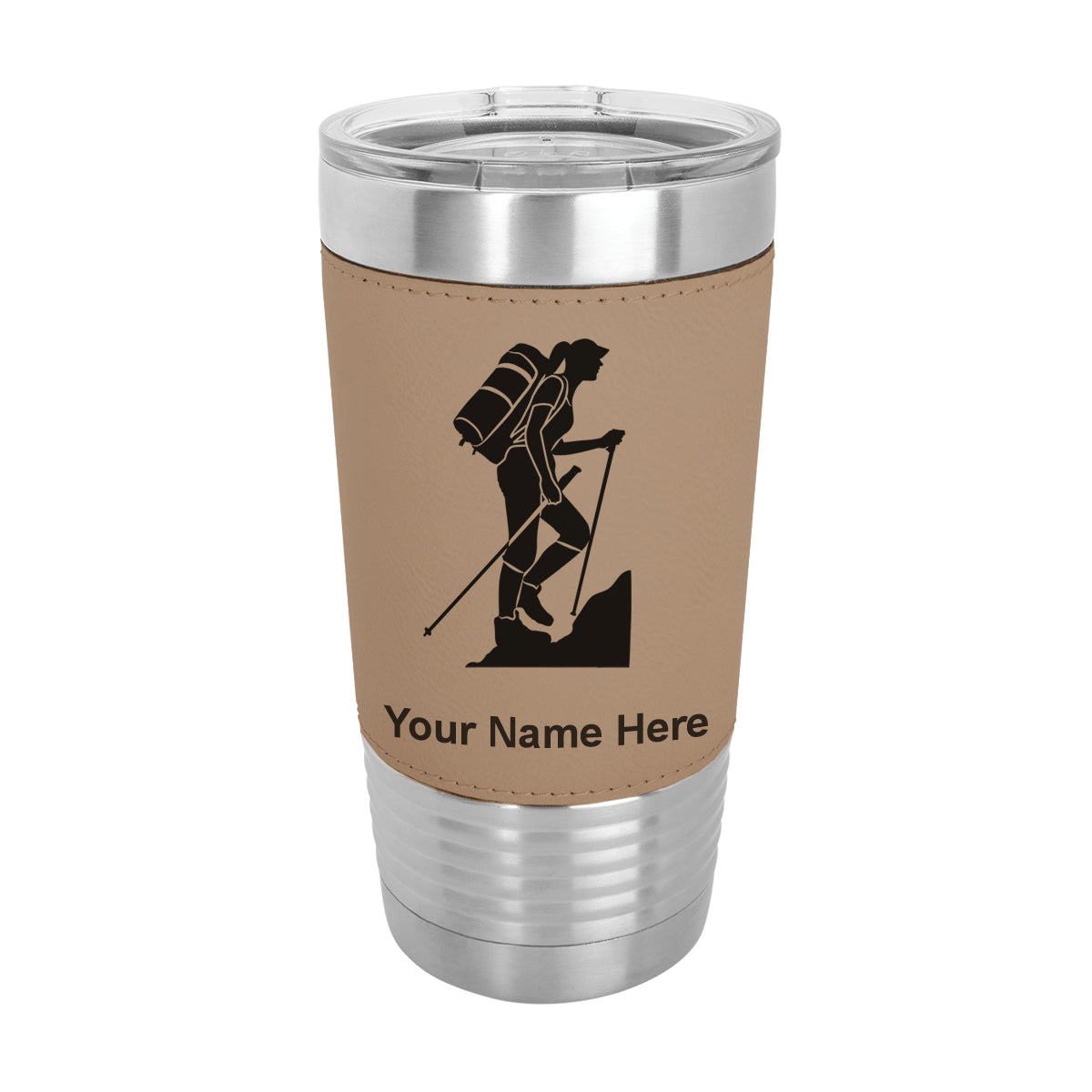 20oz Faux Leather Tumbler Mug, Hiker Woman, Personalized Engraving Included - LaserGram Custom Engraved Gifts