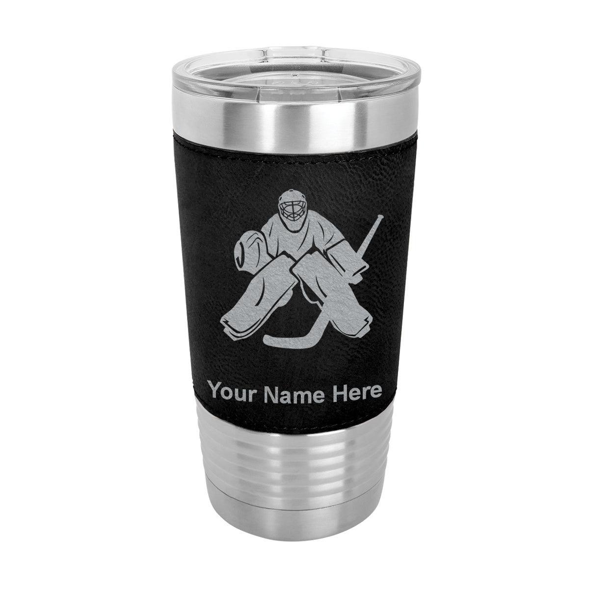 20oz Faux Leather Tumbler Mug, Hockey Goalie, Personalized Engraving Included - LaserGram Custom Engraved Gifts
