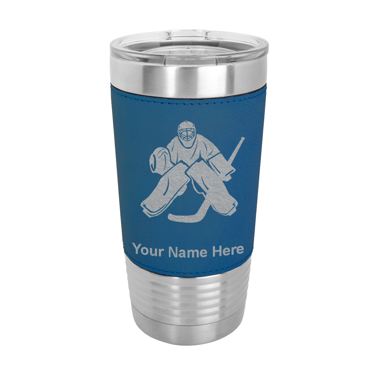 20oz Faux Leather Tumbler Mug, Hockey Goalie, Personalized Engraving Included - LaserGram Custom Engraved Gifts