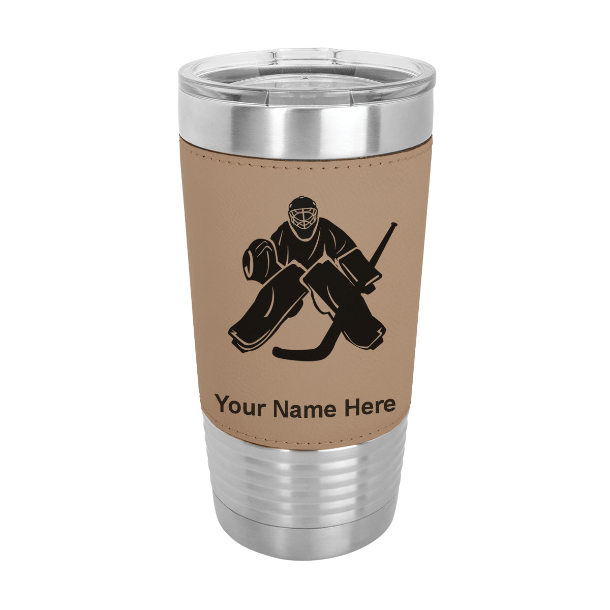 20oz Faux Leather Tumbler Mug, Hockey Goalie, Personalized Engraving Included - LaserGram Custom Engraved Gifts
