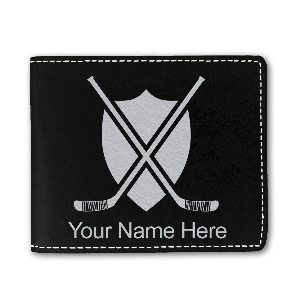 Faux Leather Bi-Fold Wallet, Hockey Sticks, Personalized Engraving Included