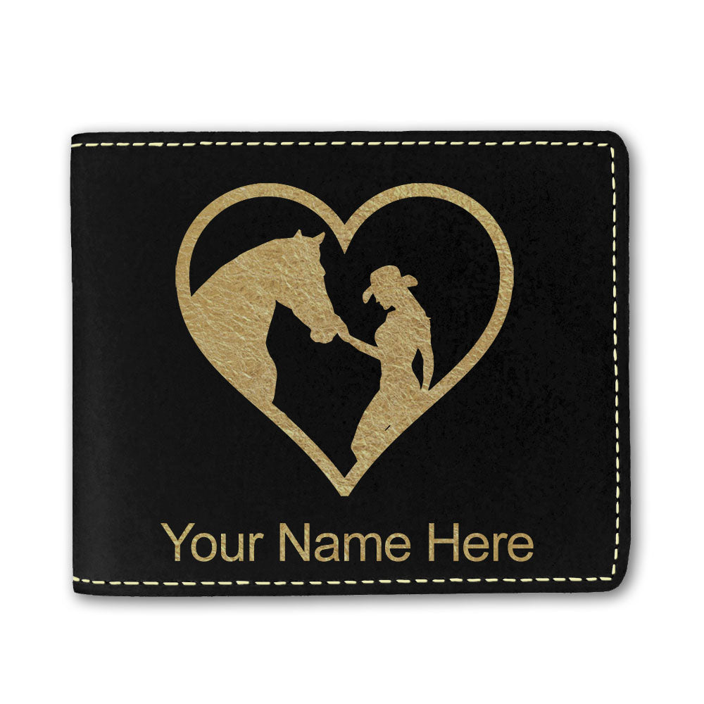Faux Leather Bi-Fold Wallet, Horse Cowgirl Heart, Personalized Engraving Included