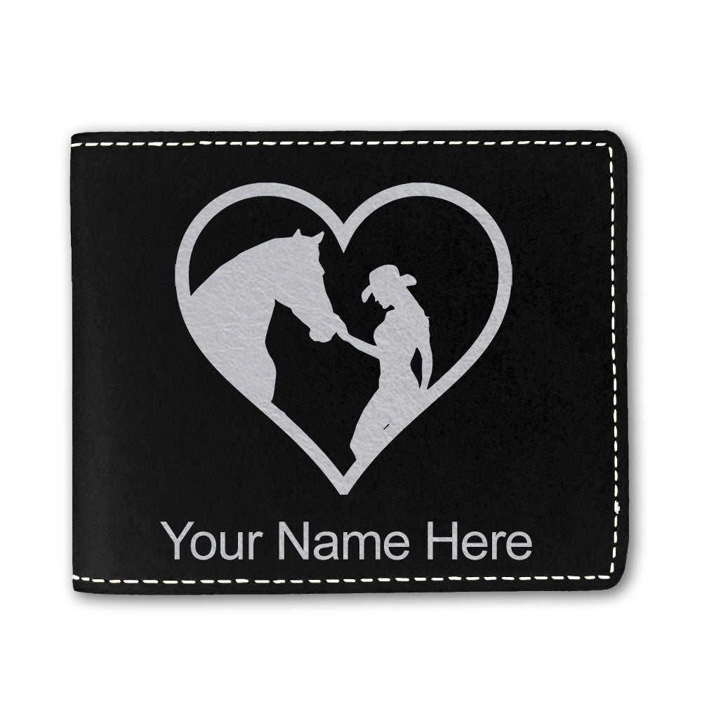 Faux Leather Bi-Fold Wallet, Horse Cowgirl Heart, Personalized Engraving Included