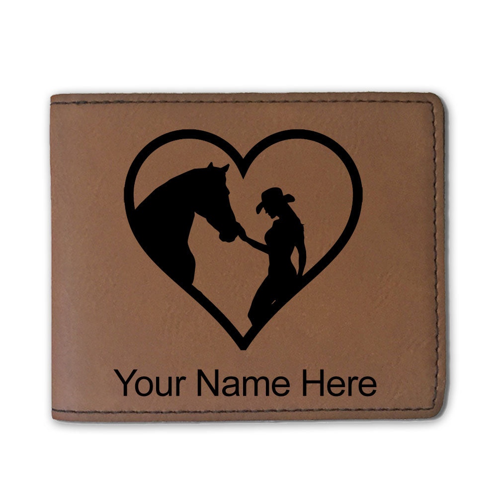 Faux Leather Bi-Fold Wallet, Horse Cowgirl Heart, Personalized Engraving Included