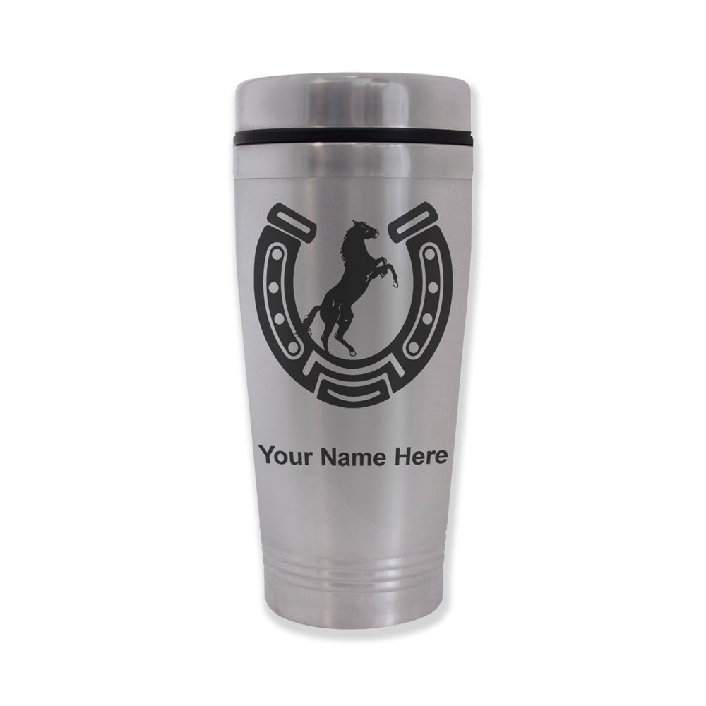 Commuter Travel Mug, Horseshoe with Horse, Personalized Engraving Included