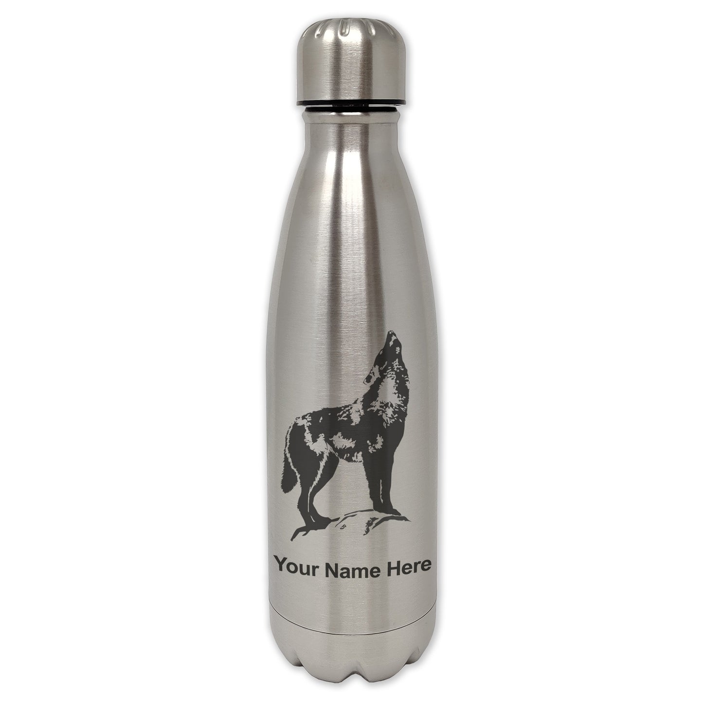LaserGram Single Wall Water Bottle, Howling Wolf, Personalized Engraving Included