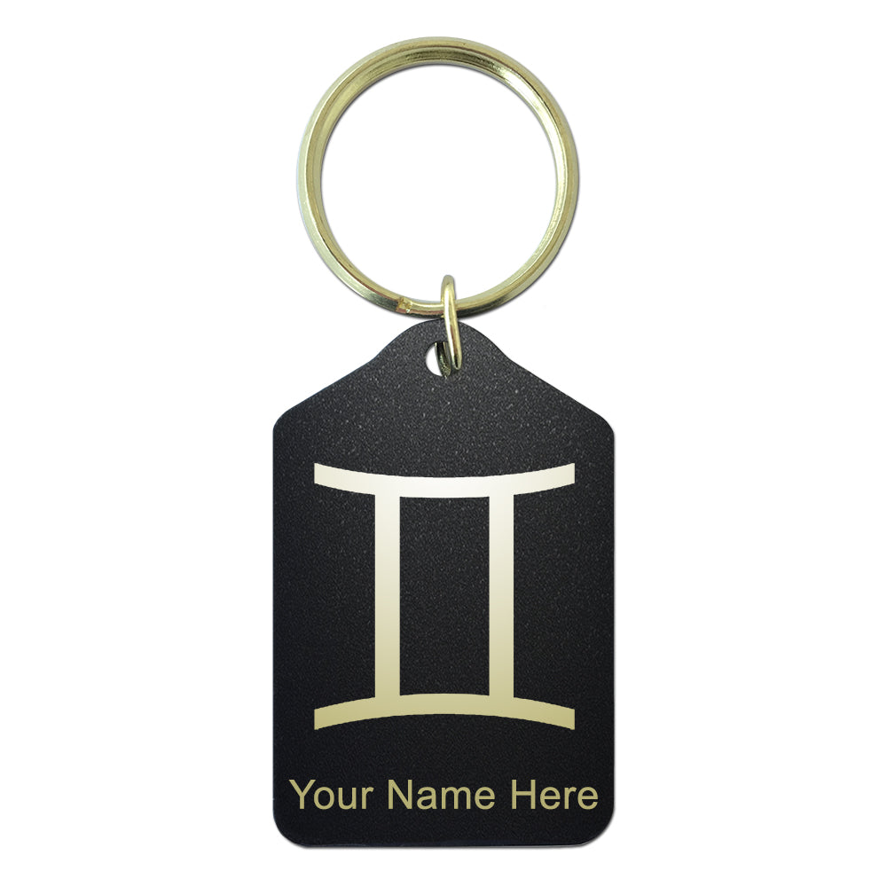 Black Metal Keychain, Zodiac Sign Gemini, Personalized Engraving Included