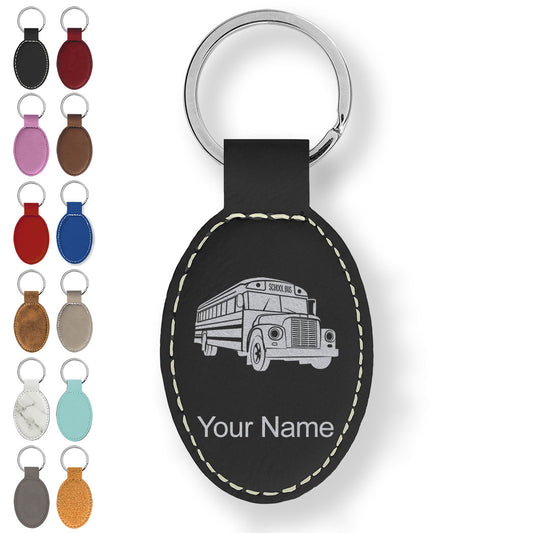 Faux Leather Oval Keychain, School Bus, Personalized Engraving Included