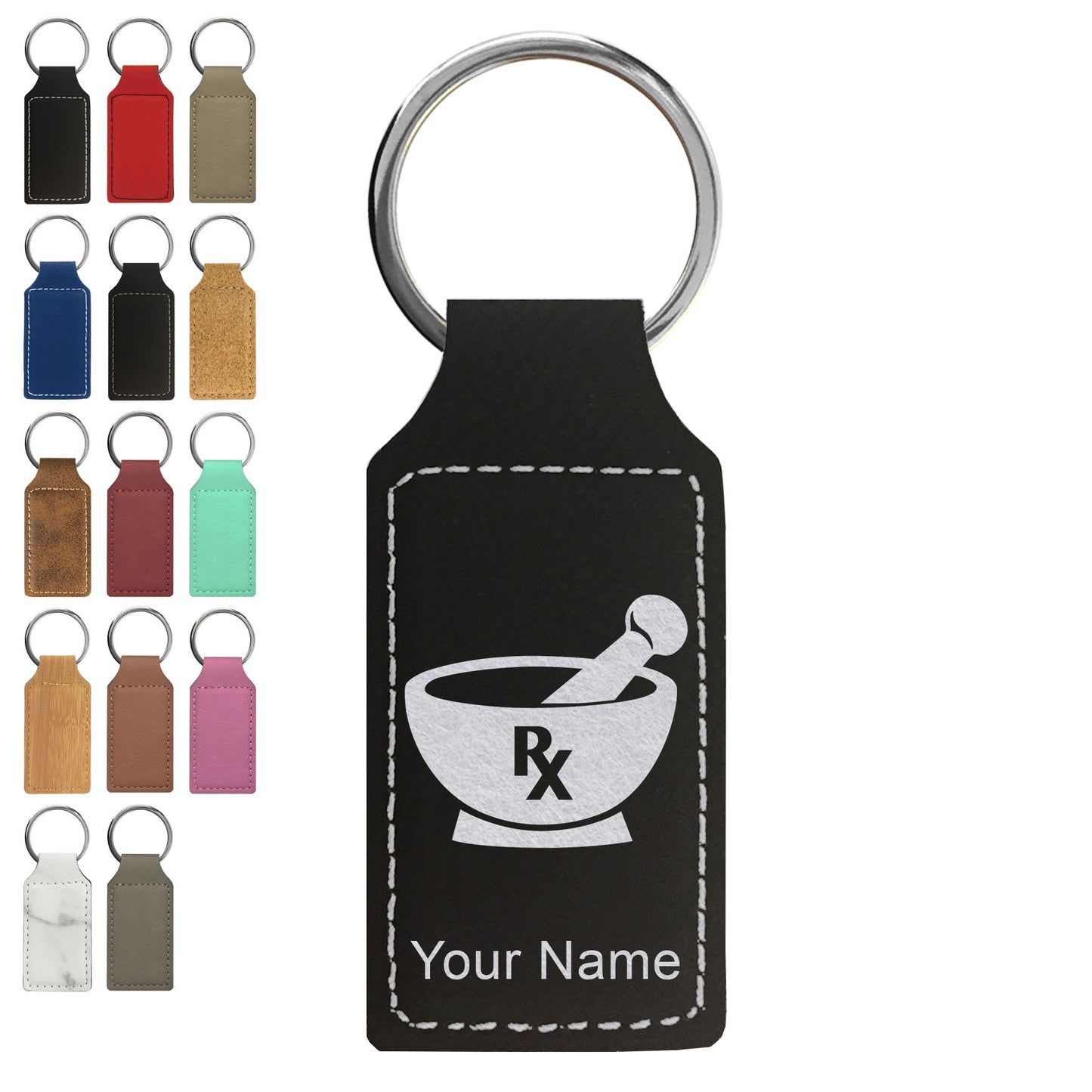 Faux Leather Rectangle Keychain, Rx Pharmacy Symbol, Personalized Engraving Included