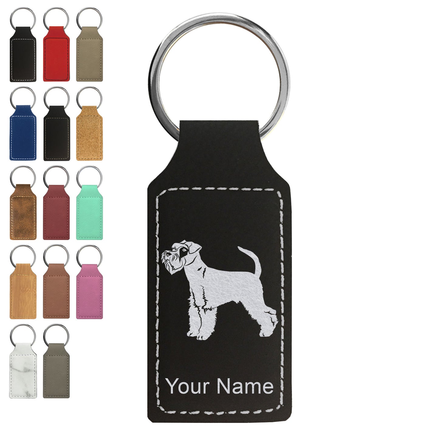 Faux Leather Rectangle Keychain, Schnauzer Dog, Personalized Engraving Included