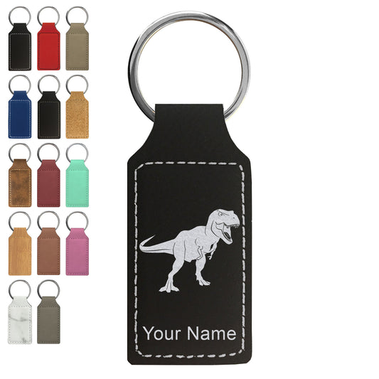 Faux Leather Rectangle Keychain, Tyrannosaurus Rex Dinosaur, Personalized Engraving Included